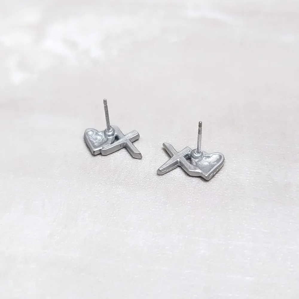 Kiss and Heart Stud Earrings Silver Tone